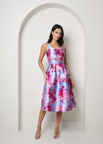 Chi Chi London Blue Sleeveless Floral Fit and Flare Midi Dress