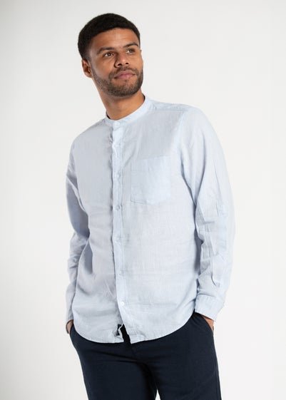 Tokyo Laundry Blue Linen Blend Button Up Shirt With Grandad Collar