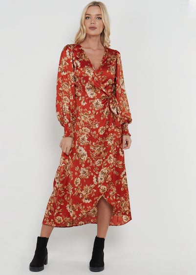 Gini London Red Floral Printed Tie Waist Wrap Midi Dress