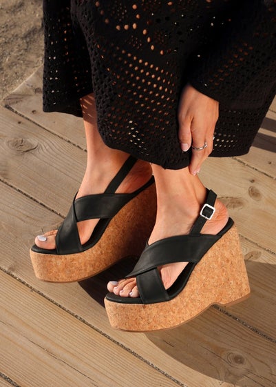 Linzi Santana Black Faux Leather Crossover High Platform Cork Wedge