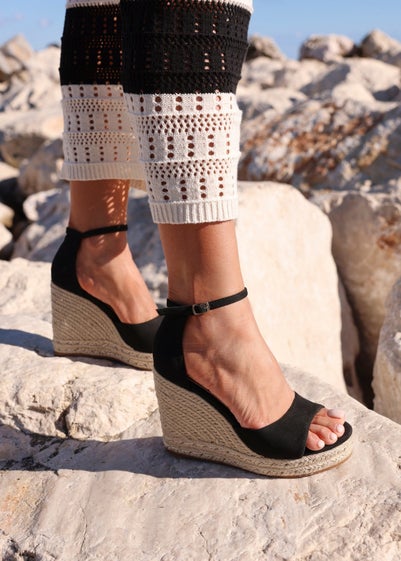 Linzi Gracio Black Faux Suede Rope Platform Wedge