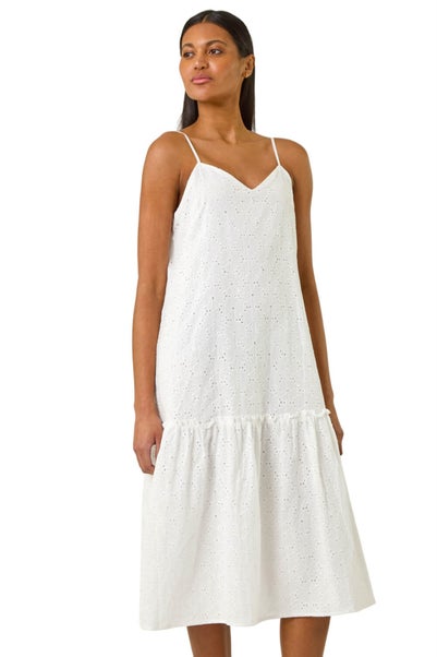 Roman White Broderie Frill Tiered Midi Dress