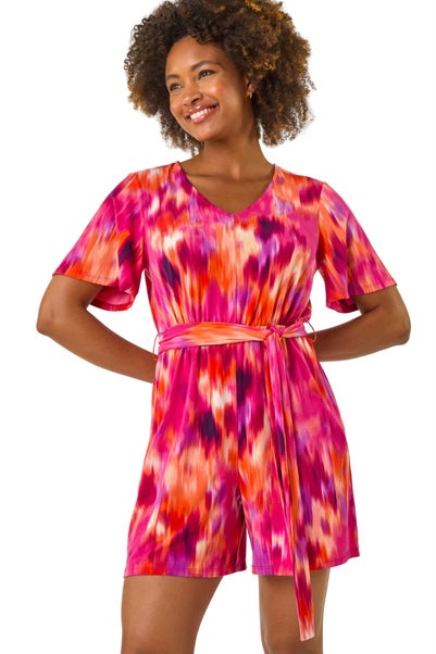 Roman Fuchsia Abstract Print Belted Playsuit