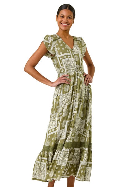 Roman Khaki Patchwork Lace Trim Maxi Dress