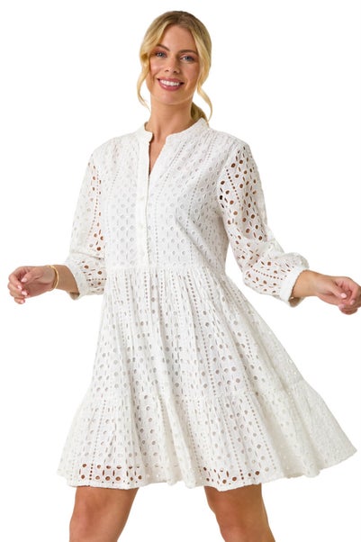 Roman White Petite Broderie Tiered Dress