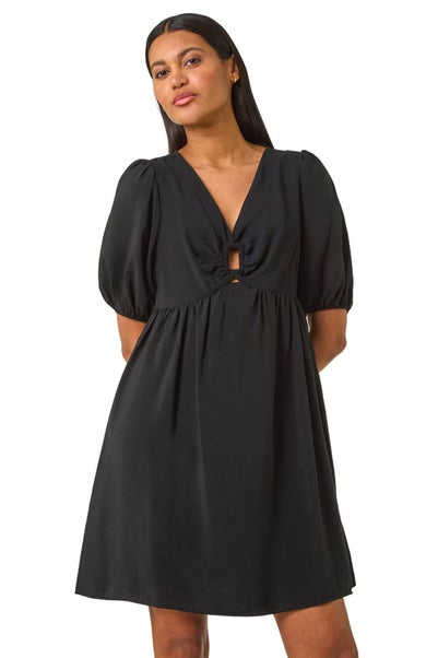 Roman Black Ring Detail V Neck Gathered Dress