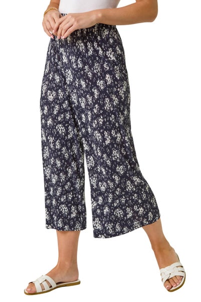 Roman Navy Petite Floral Crinkle Cropped Trouser