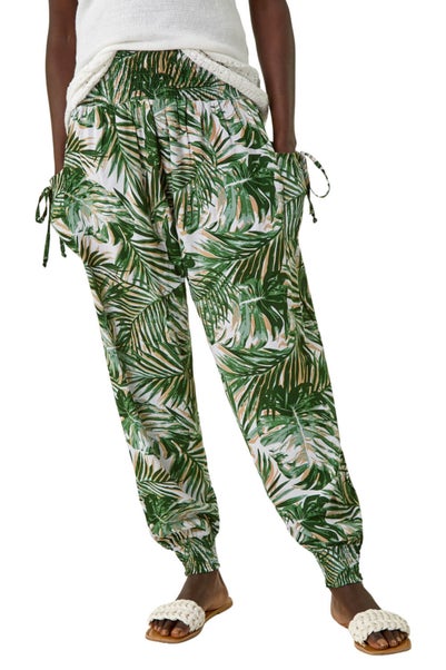 Roman Green Palm Print Tie Pocket Trousers