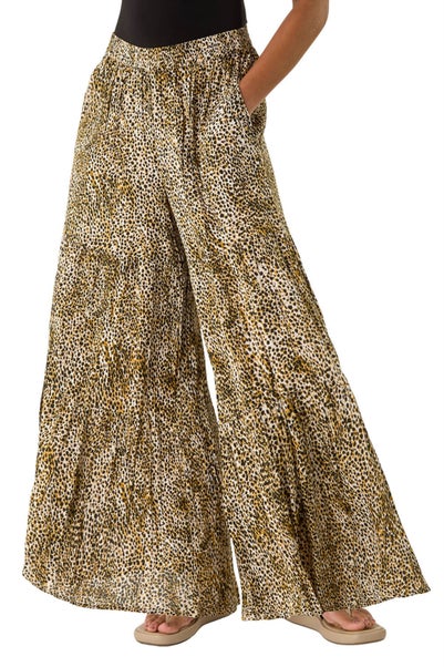 Roman Brown Animal Print Tiered Palazzo Trouser