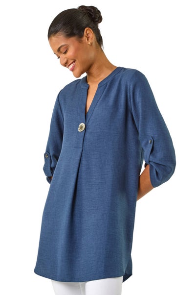Roman Denim Horn Button Detail Longline Top