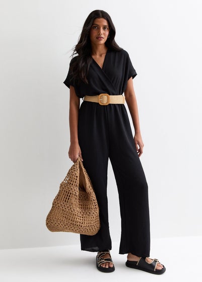 Gini London Black Short Sleeves Elasticated Waist Belted Jumpsuit
