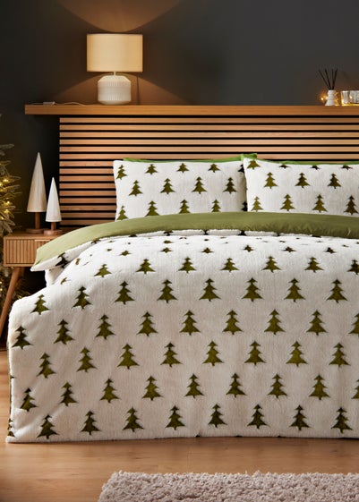Green Woven Trees Faux Fur Duvet Set