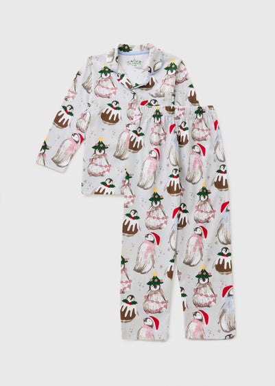 Girls Grey Penguin Christmas Family Pyjama Set (1-13yrs)