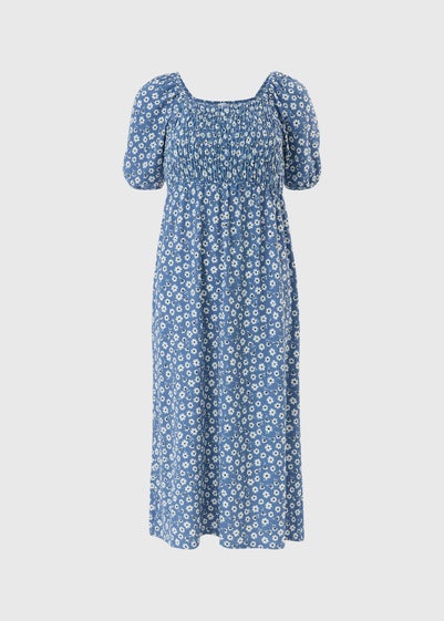 Womens Ditsy Shirred Midi Blue Dress