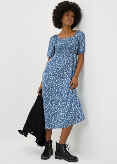 Womens Ditsy Shirred Midi Blue Dress