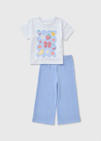 Girls Blue Stripe Bow Fruit Top & Trouser Set (1-7yrs)