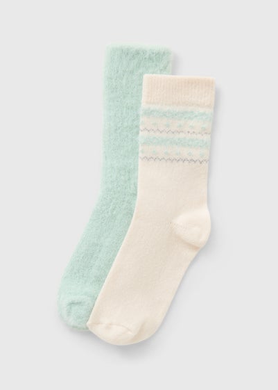 2 Pack Cream & Green Geo Pattern Thermal Socks