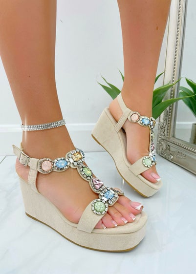 Love Lemonade Nude Sparkly Crystal Cluster Wedge Sandals
