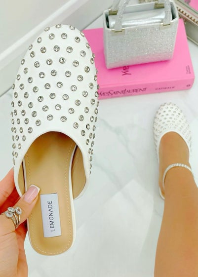 Love Lemonade White Sparkly Jewel Studded Slip On Mule Sliders