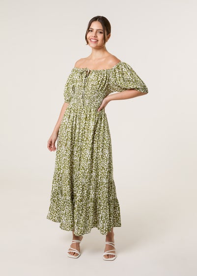 Blue Vanilla Khaki Tie Front Shirred Dress