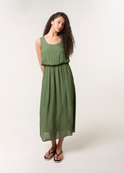 Blue Vanilla Khaki Plain Puff Ball Midi Dress