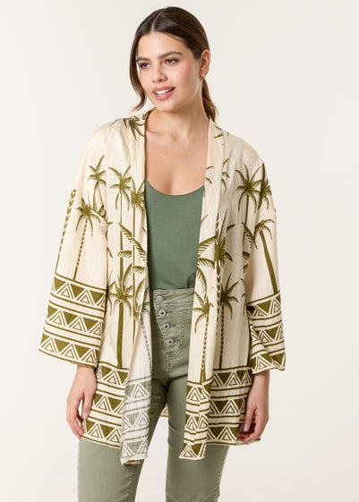 Blue Vanilla Khaki Palm Print Kimono