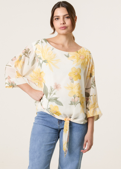 Blue Vanilla Lemon Floral Chiffon Batwing Blouse