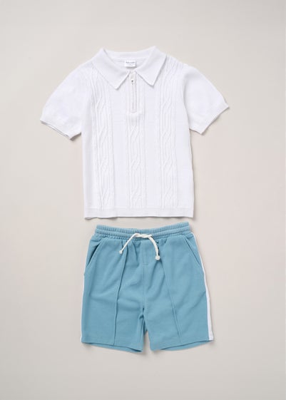 Norn Studios White True Knit Patterned Polo Shirt & Pique Short Outfit Set (2-14yrs)