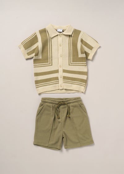 Norn Studios Khaki True Knit Patterned Polo Shirt & Pique Short Outfit Set (2-14yrs)