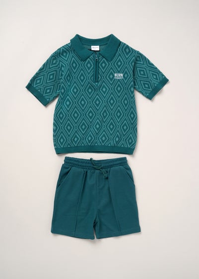 Norn Studios Teal True Knit Patterned Polo Shirt & Pique Short Outfit Set (2-14yrs)