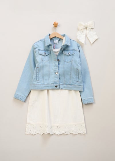 Miss Cream Broderie Dress Denim Jacket & Hair Clip Outfit Set (5-14yrs)