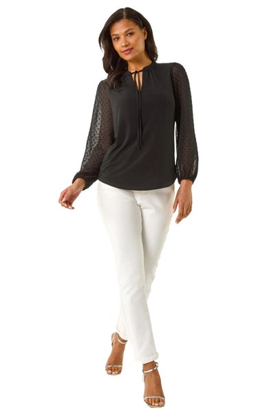 Roman Black Dobby Spot Tie Neck Mesh Top