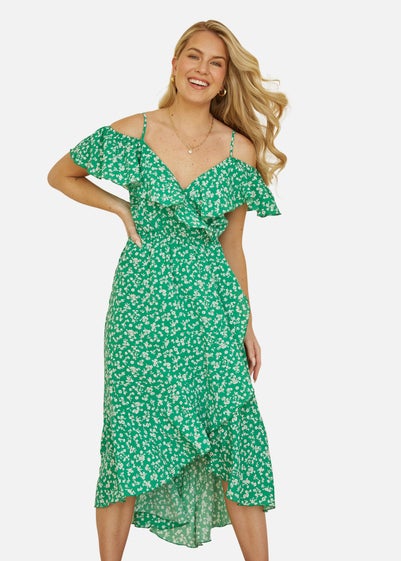 Yumi Green Ditsy Print Bardot Midi Dress With Dip Hem