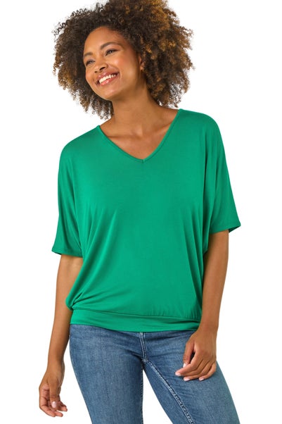 Roman Green V Neck Grown On Sleeve Stretch Top