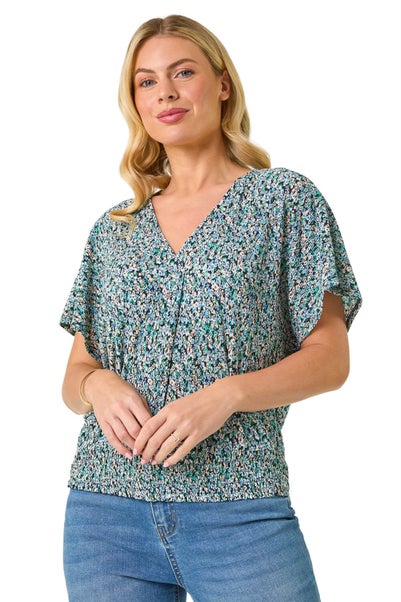 Roman Blue Petite Ditsy Print Crinkle Blouson Top