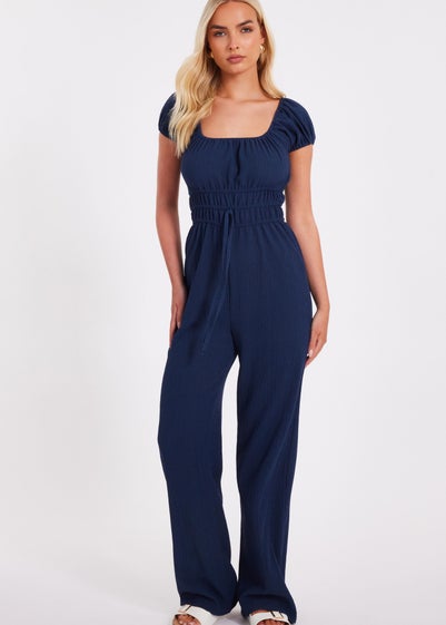 Quiz Navy Textured Puff Sleeve Jumpsuit