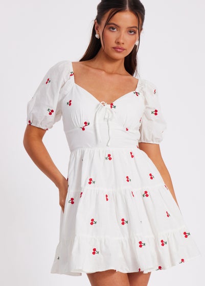 Quiz White Petite Cherry Print Skater Dress
