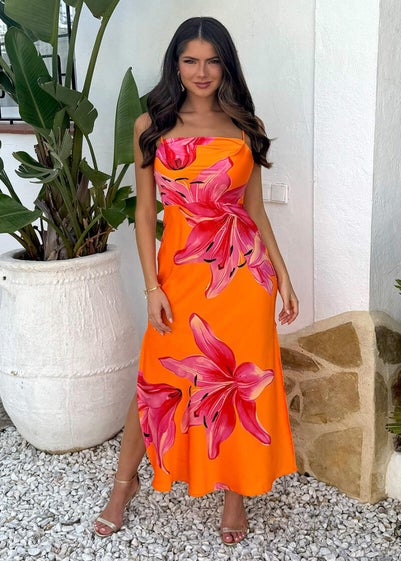 AX Paris Orange And Pink Floral Print Strappy Slip Midi Dress