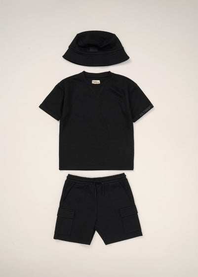 Fudo Black T Shirt Shorts & Bucket Hat Outfit Set (5-7yrs)