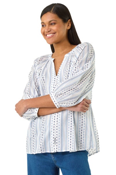 Roman Blue Dobby Stripe Print V Neck Blouse