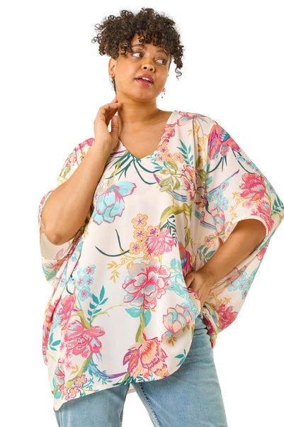 Roman Pink Curve Floral Cocoon Woven Top