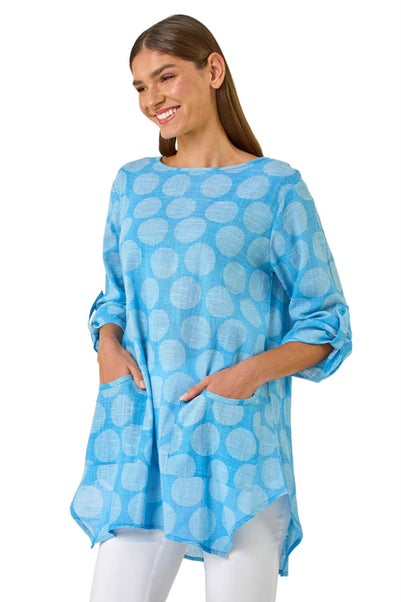 Roman Light Denim Spot Print Longline Tunic Top