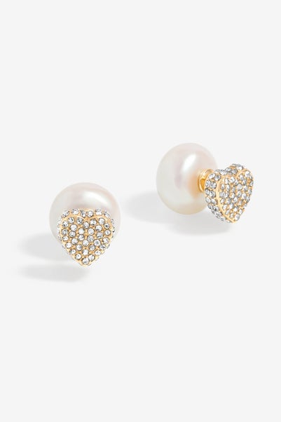 Mood Gold Cream Pearl & Crystal Heart Stud Earrings