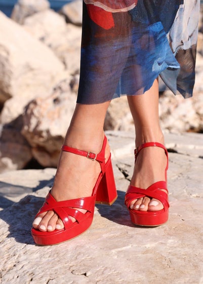 Linzi Keliah Red Faux Leather Crossover Platform Heels