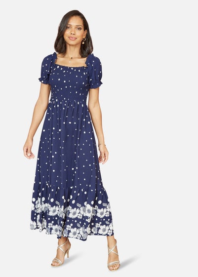 Yumi Navy Spot & Floral Print Border Ruched Midi Dress