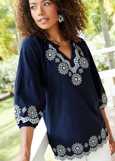 Cotton Traders Dark Blue Embroidered 3/4 Sleeve Top