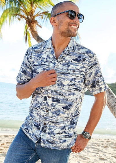 Cotton Traders Pale Blue Short Sleeve Summer Print Soft Touch Print Shirt