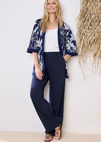 Cotton Traders Dark Blue Viscose Linen Blend Trousers