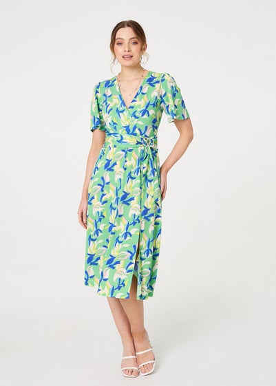 Izabel London Green Printed Belt Detail Wrap Midi Dress