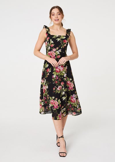 Izabel London Black Floral Frill Sleeveless A Line Midi Dress